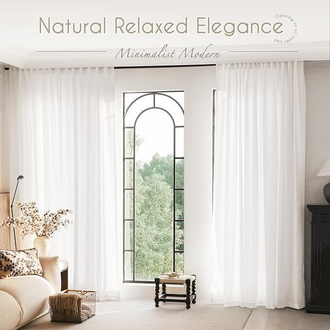 Linen White Curtains 80 inches Long for Bedroom Loop Pocket Privacy Light Filtering Semi Sheer White Boho Farmhouse Curtain Drapes Cotton Textured Modern Elegant Coastal Living Room Decor Pure White