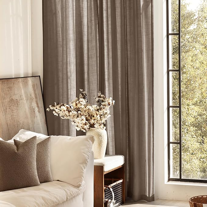 Chocolate Brown Linen Curtain 108 inch Length 2 Panels Back Tab Light Filtering Living Room Curtain Drapes Home Office Modern Minimalist Decor Farmhouse Boho Neutral Semi Sheer Curtain 108 inch Long