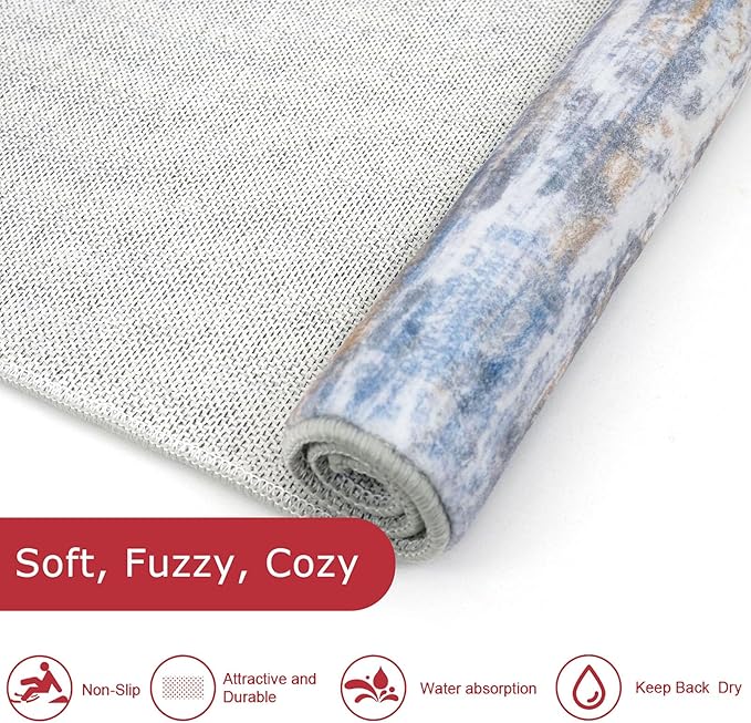 KOZYFLY 3x8 Ft Rug Modern Ombre Runner Rug for Hallway, Washable Kitchen Rugs Non-Slip Soft Striped Entryway Rug, Print Blue Rust Abstract Carpet for Laundry Nursery