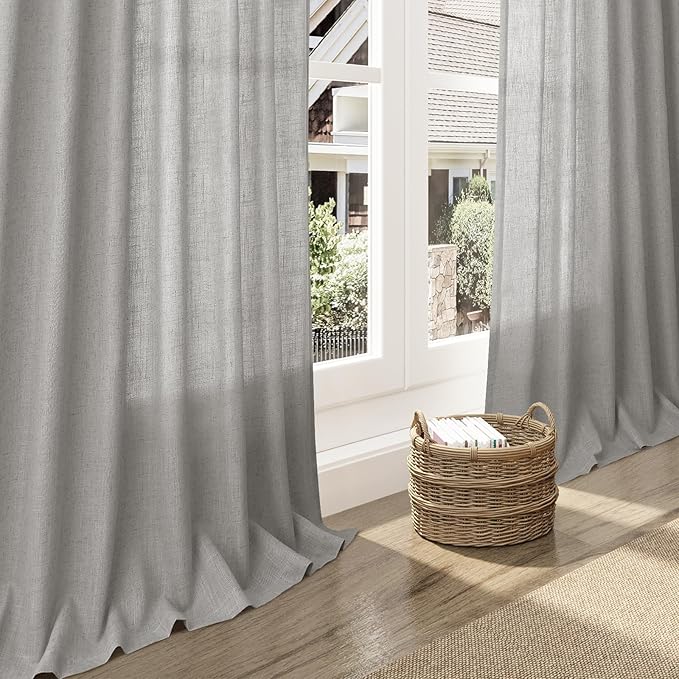 Nanspring Light Gray Linen Curtains 90 Inches Long for Living Room Simple Modern Farmhouse Linen Coastal Decor Back Tab Rod Pocket Light Filtering Semi Sheer Grey Curtain for Bedroom 52x90, 2 Panels
