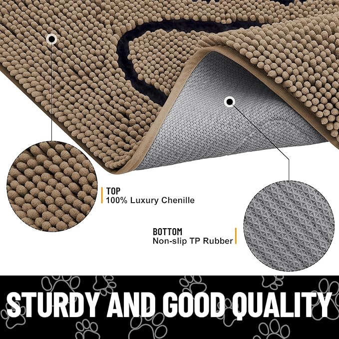Smiry Dog Door Mat for Muddy Paws, Absorbent Dirt Trapper Non Slip Quick Dry Washable Chenille Mat for Mud Dogs, Entry Rug for Indoor and Outdoor (36x24 Inches, Camel and Black)