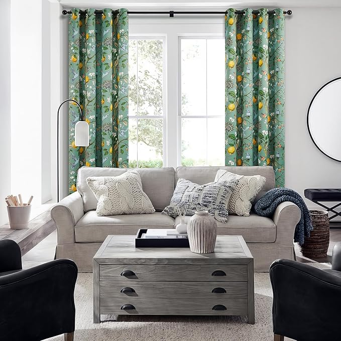 Topfinel 60 Inches Long Custom Sage Green Luxury Curtains for Living Room Bedroom, Blackout Vintage Victorian Curtains Floral Lemon Hummingbird Printed Grommet Drape 60 Inch Length