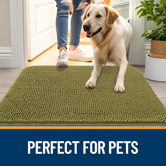 OLANLY Dog Door Mat for Muddy Paws 48x30, Absorbs Moisture and Dirt, Absorbent Non-Slip Washable Doormat, Quick Dry Chenille Mud Mat, Entry Indoor Entryway Carpet for Inside Floor, Willow Green