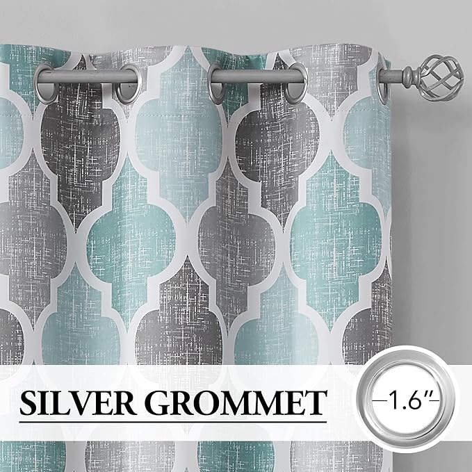 Beauoop 100% Blackout Curtains 84 Inches Long 2 Panels for Bedroom Living Room Aqua Grey Moroccan Geo Room Darkening Thermal Insulated Soundproof Grommet Top Window Treatments Drapes, 50x84 Set of 2