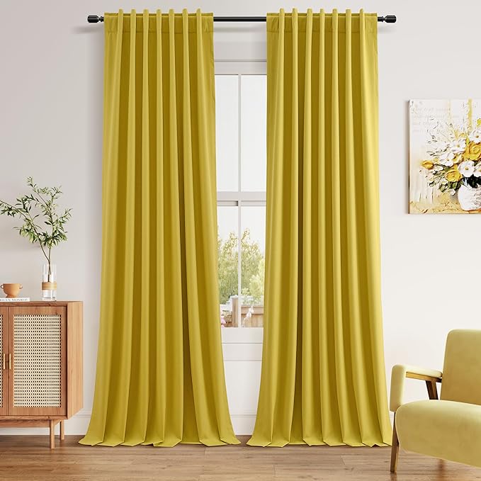 Guken 100% Blackout Curtains 90 Inch Length 2 Panels Set for Living Room Bedroom Back Tab Thermal Insulated Black Out Linen Drapes Room Darkening Celery Yellow,52x90