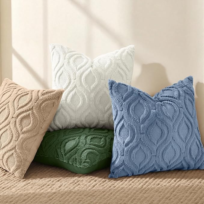 decorUhome Throw Pillow Covers 22x22 Inch Set of 2, Soft Plush Faux Wool Blue Solid Couch Pillow Covers, Accent Euro Sham Farmhouse Neutral Square Pillow Cases for Sofa Bed Living Room