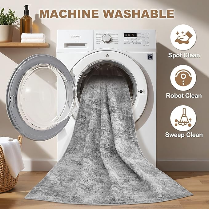 Nakagishi 7x9 Area Rugs Living Room: Washable Abstract Large Neutral Soft Rug Stain Resistant Modern Indoor Floor Non-Slip Carpet for Bedroom Nursery Kids Playroom Office Dining Room Dorm- Grey