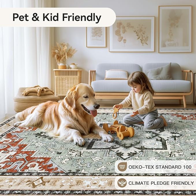Lofus 3x5 Area Rugs for Living Room, Machine Washable Area Rug, Soft Small Rugs for Bedroom, Kitchen, Office and Indoor, Vintage Boho Carpet, Non-Slip Low Pile Carpets, Beige Orange