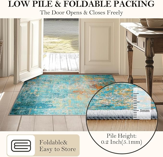 Washable Area Rugs 5'x8' Non-Slip Modern Abstract Soft for Living Room Entryway Bedroom Nursery, Print Pattern, Teal Blue Green Orange Rust Red Colorful