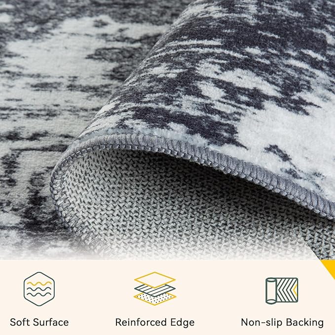 Washable Area Rugs 4'x6' Non-Slip Modern Abstract Soft for Living Room Entryway Bedroom Nursery, Print Pattern, Black Navy Blue Gray