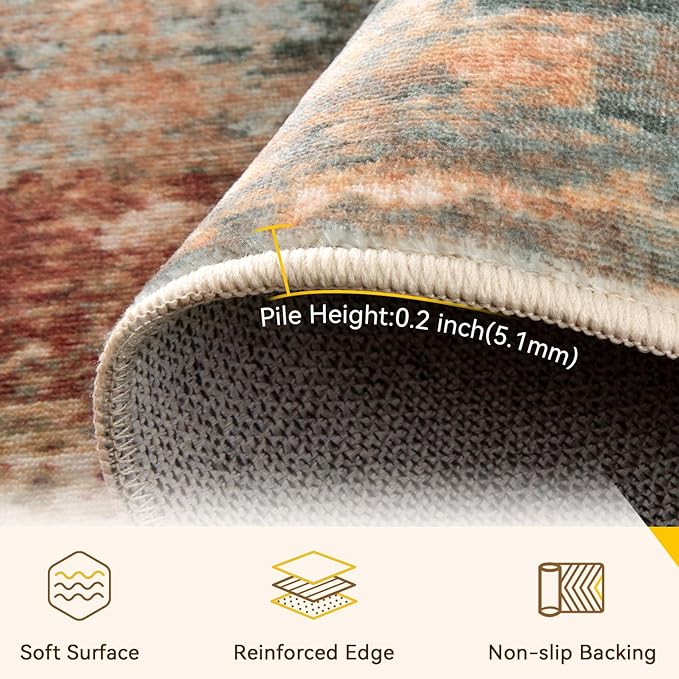 Washable Area Rugs Square 10ft Non-Slip Modern Abstract Soft for Living Room Entryway Bedroom Nursery, Print Pattern, Brown Rust Red Green Blue Multi