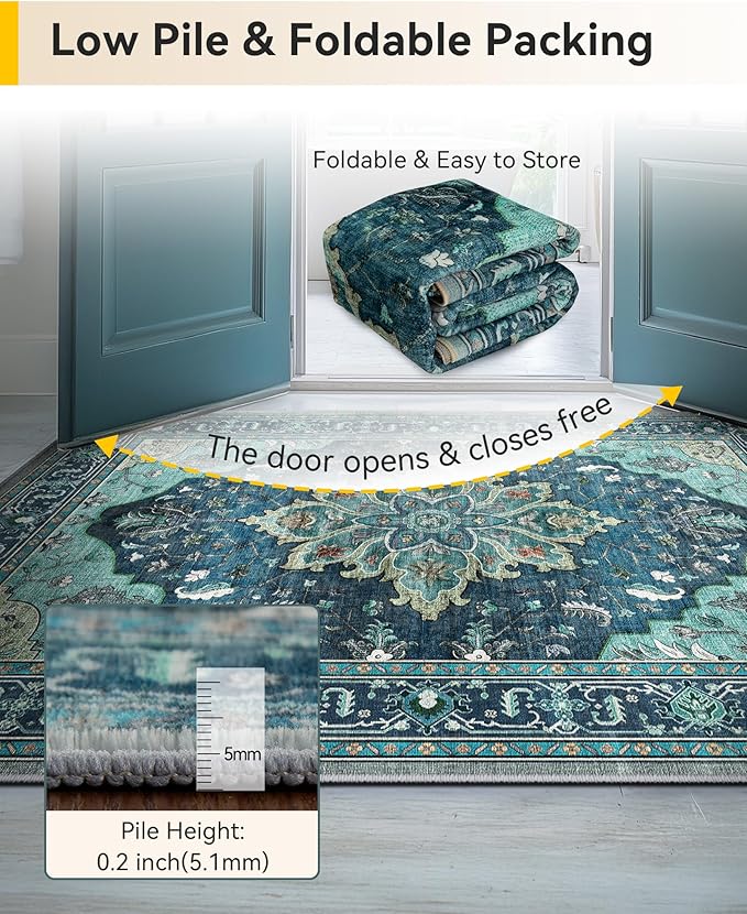 Area Rugs 3'x8' Runner Rug Non Slip Washable for Kitchen Hallway Bedroom Beside Laundry Room Bathroom Rug, Floor Carpet, Teal Green Lake Blue Turquoise