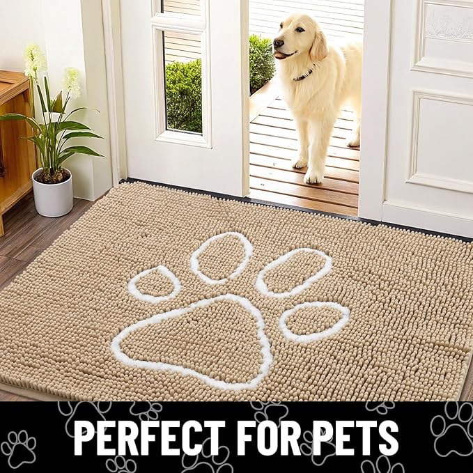 Smiry Dog Door Mat for Muddy Paws, Absorbent Dirt Trapper Non Slip Quick Dry Washable Chenille Mat for Mud Dogs, Entry Rug for Indoor and Outdoor (70x32 Inches, Beige and White)