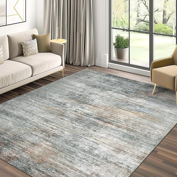 Area Rugs 4x6 for Living Room Bedroom, Modern Abstract Machine Washable Rug, Large Soft Low Pile Floor Cover with Non Slip Backing for Dining Room, Ash Gray Brown