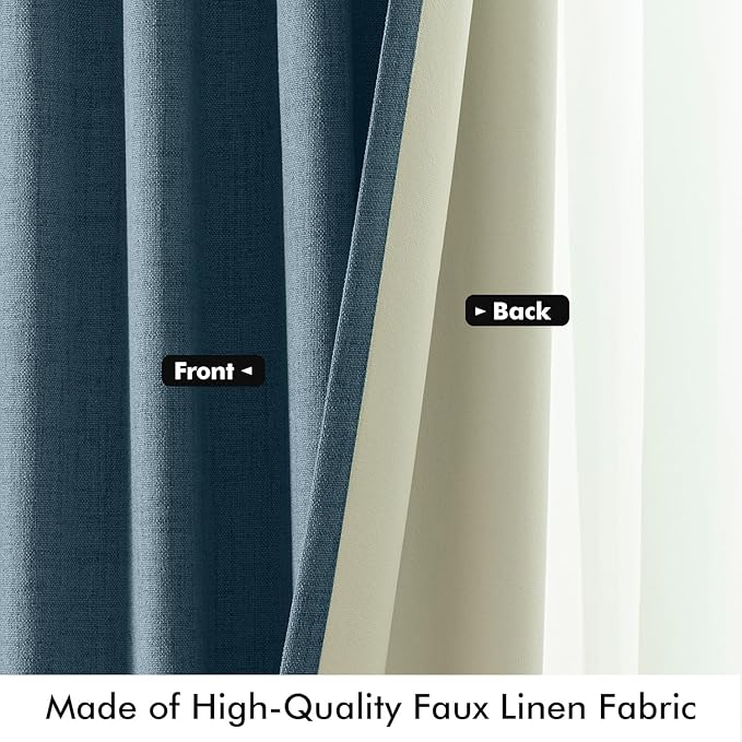 MIULEE 100% Blackout Linen Curtains for Bedroom, Stone Blue Solid Luxury Decor Thermal Insulation Room Darkening Drapes for Living Room Nursery Back Tab Rod Pocket 42 x 63 Inches, 2 Panels