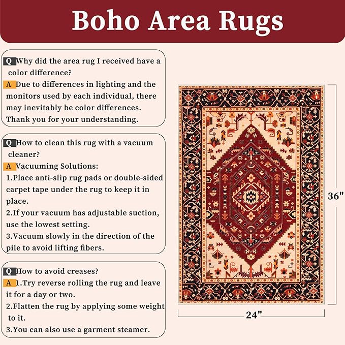 SERISSA Boho Rugs for Entryway, 2x3 Washable Non-Slip Entryway Rug Small Area Rug, Ultra Soft Oriental Vintage Red Black Low-Pile Indoor Door Mat Floor Carpet for Entrance Bedroom Kitchen Bathroom