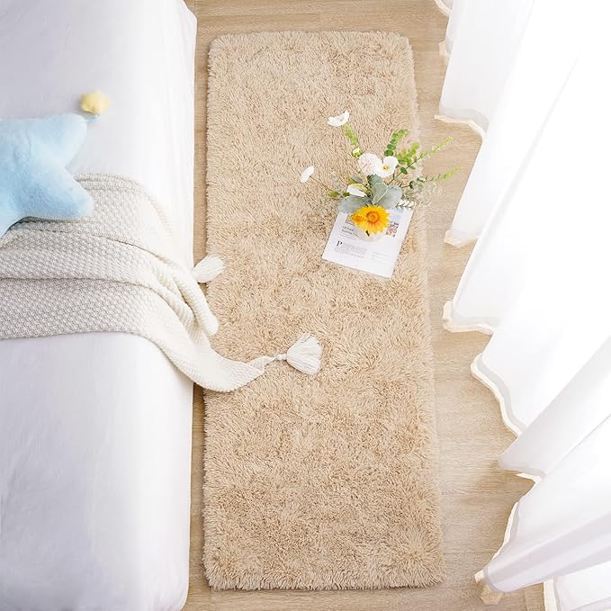 Chicrug Soft Runner Rug for Bedroom Living Room Plush Fluffy Rug 2x10 Feet, Shag Furry Runner Carpet Non Shedding for Nursery Children Kids Girls Room Home Decorative, Khaki
