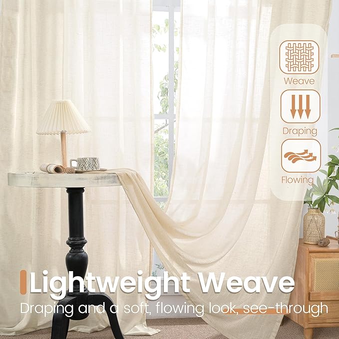 BGment Beige Linen Curtains 63 Inch Length for Living Room - Cream Semi Sheer Drapes Rod Pocket Rustic Natural for Bedroom Country Decorative Light Filtering, 2 Panels, Each Panel 52 Inch Wide