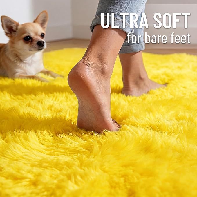 OLANLY Yellow Round Rugs for Bedroom - Machine Washable, 2 ft Circle Area Rugs for Living Room, Soft and Fluffy Shaggy Carpet for Teen Girl and Boys, Nursery Rooms, Dorms, Home Decor Aesthetic