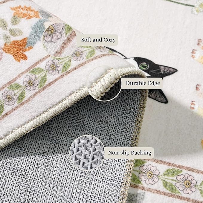 3x7 Washable Kitchen Runner Rug - Soft Low Pile Floral Animal Cat Print Rugs with Non-Slip Backing Waterproof Stain-Resistant Indoor Carpet for Hallway Entryway Bathroom Bedroom (Light Beige)
