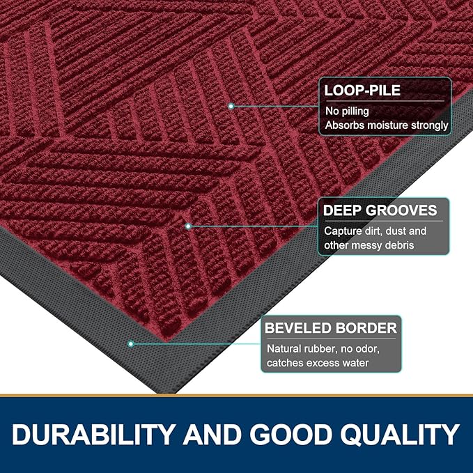 Smiry Front Door Mat Outside Entrance, Heavy Duty Sturdy Natural Rubber Doormat, Trap Dirt and Moisture, Easy Clean Low Profile Welcome Floor Mats for Indoor Outdoor Entry, 59x23 Inch, Wine Red