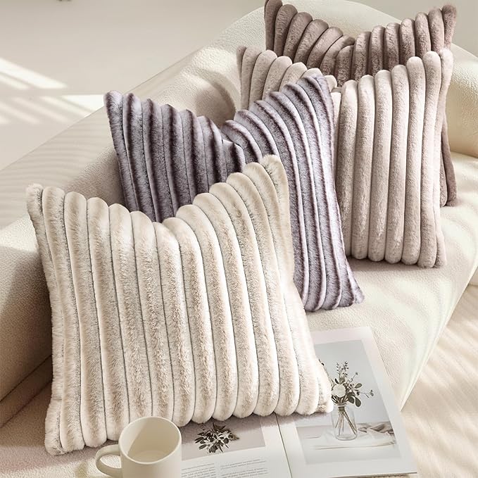 decorUhome Cozy Faux Fur Throw Pillow Covers 20x20 Set of 2 Decorative Soft Plush Striped Modern Farmhouse Boho Couch Pillow Cases with Velvet Back for Sofa Bed Living Room, Brown White