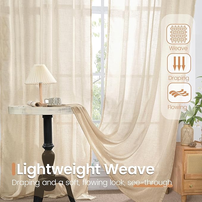 BGment Burlap Linen Curtains 84 Inch Length for Living Room - Tan Light Filtering Semi Sheer Natural Drapes with Rod Pocket Lightweight Window Treatments for Bedroom Farmhouse, 2 Panels, 52 X 84 Inch
