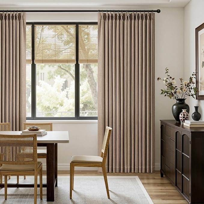 MIULEE Pinch Pleated Thick Linen Curtains 102 Inches Long 2 Panels for Living Room Bedroom, Linen Texture Pleat Drapes Memory Trained Light Filtering Brown Country Farmhouse Burlap Curtains with Hooks
