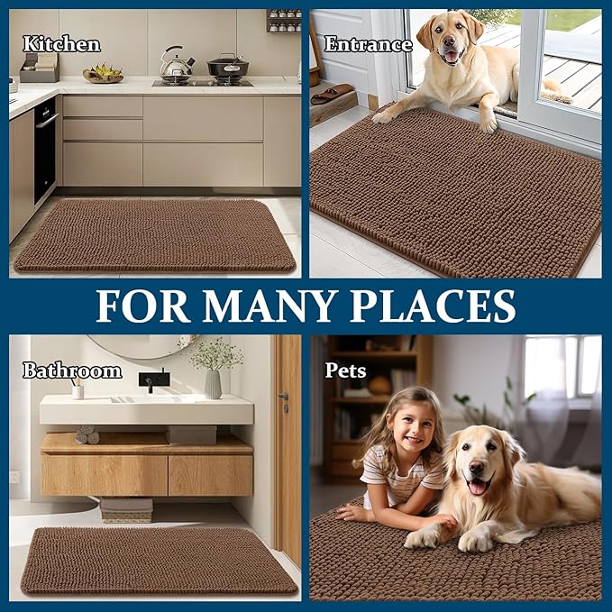 OLANLY Dog Door Mat for Muddy Paws 34x21, Absorbs Moisture and Dirt, Absorbent Non-Slip Washable Doormat, Quick Dry Chenille Mud Mat for Dogs, Entry Indoor Entryway Carpet for Inside Floor, Mocha