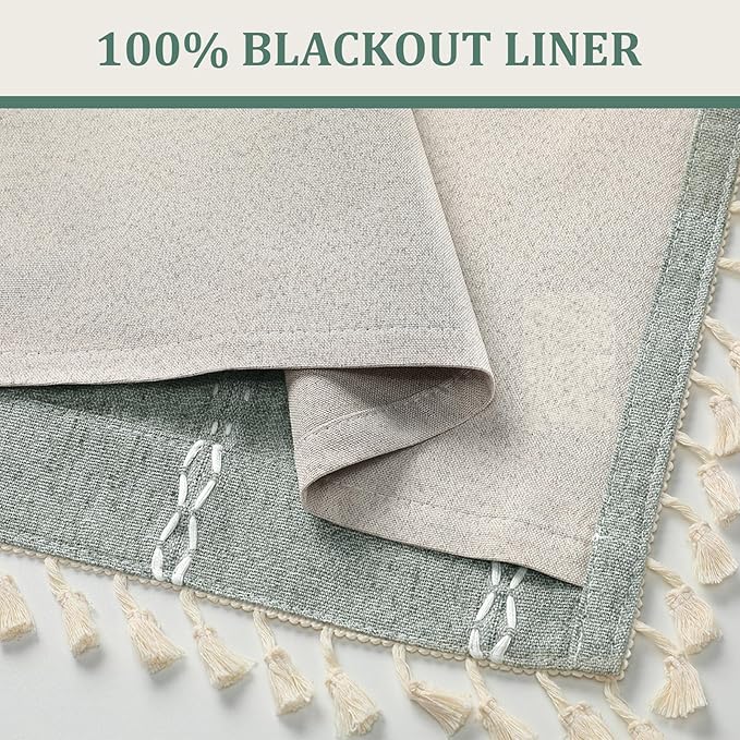 Teal Boho Blackout Curtains 72 Inches Long Light Green Linen Blend 2 Panels with Tassels and Cotton Embroidery, Farmhouse Vintage Rustic Rod Pocket Drapes for Living Room or Bedroom