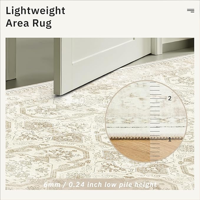 Area Rug 6x9, Washable Rugs, Stain Resistant Gray Area Rugs for Living Room Bedroom Dining Room, Vintage Farmhouse Rug Beige