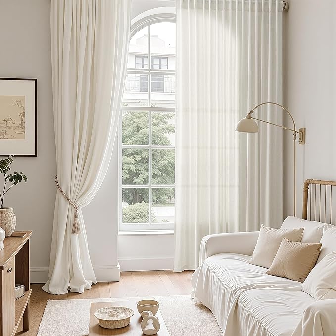 Nanspring Natural Linen Curtains for Living Room 110 Inches Long Back Tab Light Filtering Semi Sheer Curtain Rustic Farmhouse Decor Long Floor to Ceiling High Window for Bedroom 52x110, 2 Panels