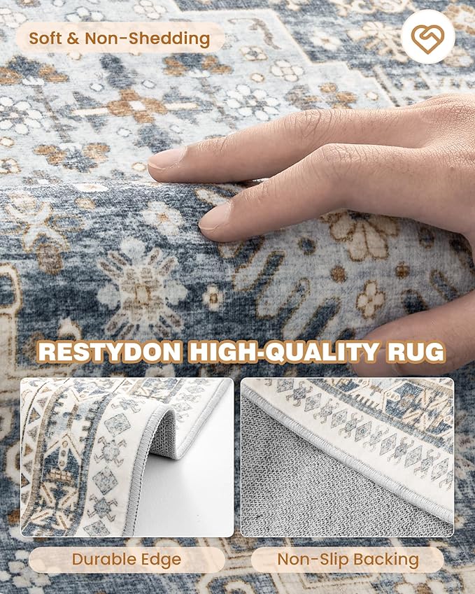 Runner Rug 2x8 Runners for Hallways Non Slip Washable, Vintage Hallway Runner Rugs for Living Room, Low Pile Soft Hallway Rug for Kitchen Bedroom Laundry Room(Blue/Beige,2'x8')