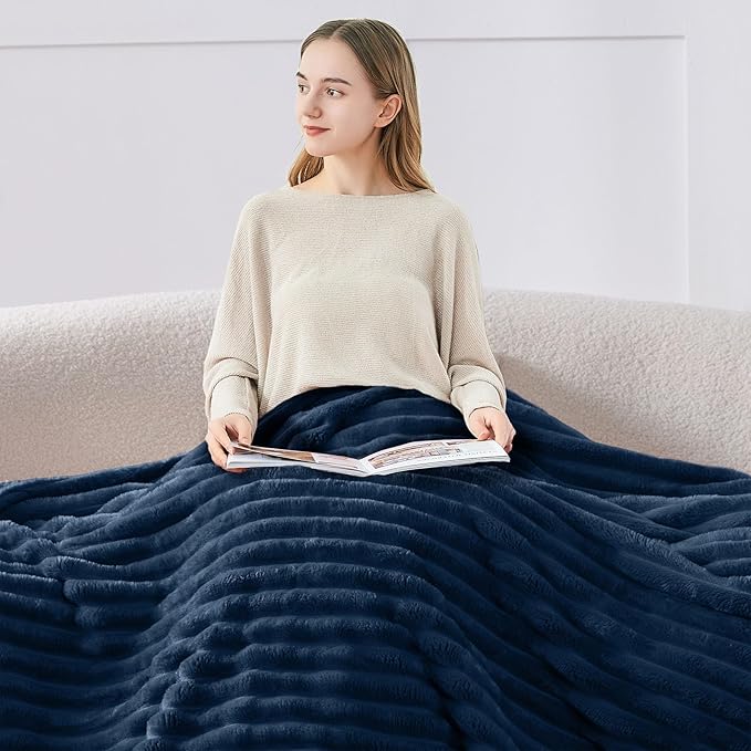 BEDELITE Fleece Throw Blanket for Couch - 300GSM Soft & Warm Fluffy Navy Blanket, Decorative and Giftable Striped Blankets for Women, Men, 50"x60"