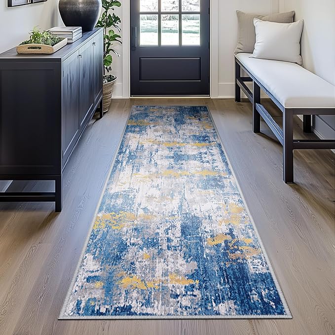 Washable Area Rugs 2'x8' Non-Slip Modern Abstract Soft for Living Room Entryway Bedroom Nursery, Print Pattern, Grey Blue Gold/Golden