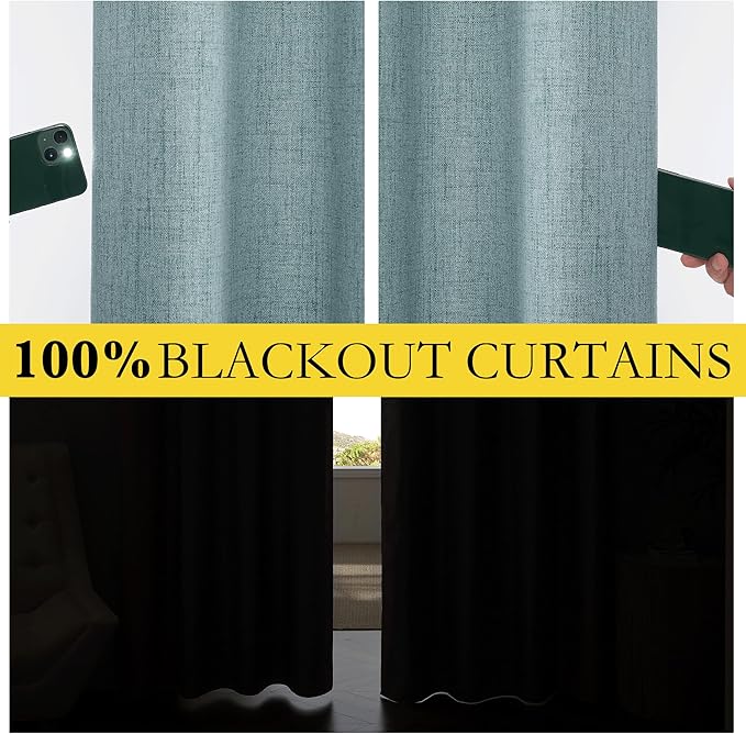 NICETOWN 100% Absolutely Blackout Linen Curtains with Thermal Insulated Liner, Skylark Blue, 42" Wide, 45" Length Energy Saving Curtains for Dining Room 2 Panels Set, Vertical Blinds