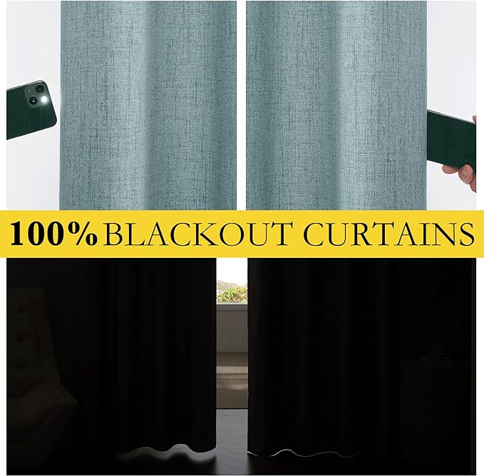 NICETOWN 100% Absolutely Blackout Linen Curtains with Thermal Insulated White Liner, Skylark Blue, 42" Wide, 63" Length Energy Saving Curtains for Small Window 2 Panels Set, Vertical Blinds