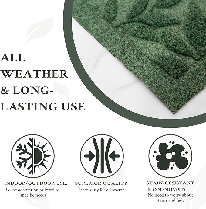 Green Leaves Outdoor Indoor Entrance Doormats, Absorbent Durable Heavy Duty Welcome Front Door Mat,Thick Natural Rubber Back,Easy Clean Entryway Mat 23x35 Inch, Low Profile