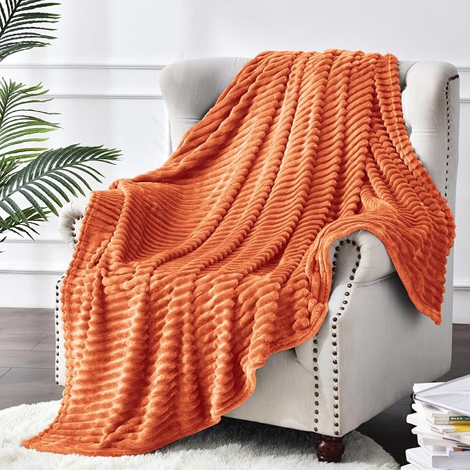 BEDELITE Fleece Blanket Twin Size – 3D Ribbed Jacquard Soft and Warm Decorative Fuzzy Blankets – Cozy, Fluffy, Plush Lightweight Throw Blankets for Couch, Bed, Sofa(Orange, 60x80 inches)