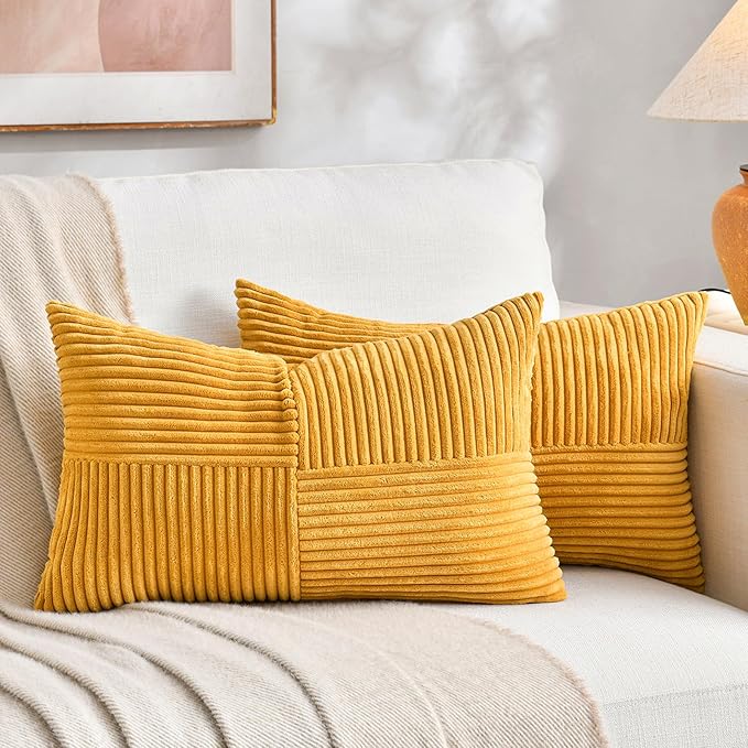 Fancy Homi 2 Packs Gold Yellow Lumbar Decorative Throw Pillow Covers 16x28 Inch for Couch Bed Sofa, Rustic Farmhouse Boho Spring Home Decor, Soft Striped Corduroy Rectangle Accent Cushion Case 40x70cm
