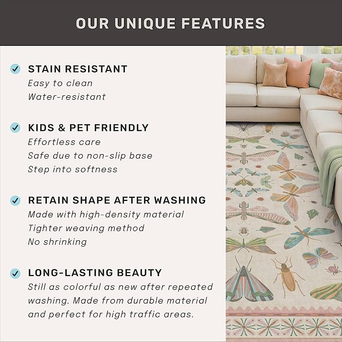 Boho Light Pink Round Rugs for Kids Bedroom - 4 ft Unique Circle Area Rugs for Baby Nursery, Washable Low Pile & Soft Cute Throw Rugs for Living Room, Playroom, Reading Corner, Fun Insect Décor
