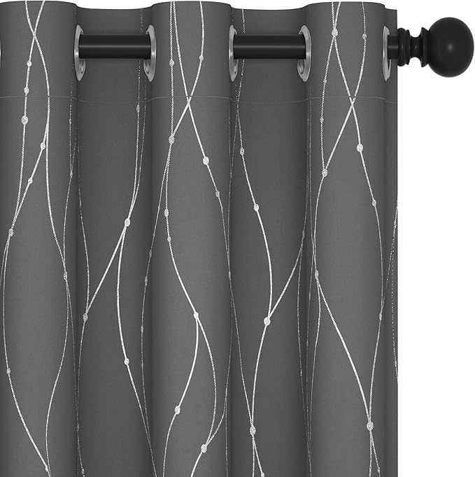 Deconovo Blackout Curtains, Grey Curtains, Thermal Insulated Soundproof Grommet Drapes, Silver Wave Dot Foil Print, 42 x 63 Inch, 2 Panels, Machine Washable Window Panel for Living Room Bedroom Office
