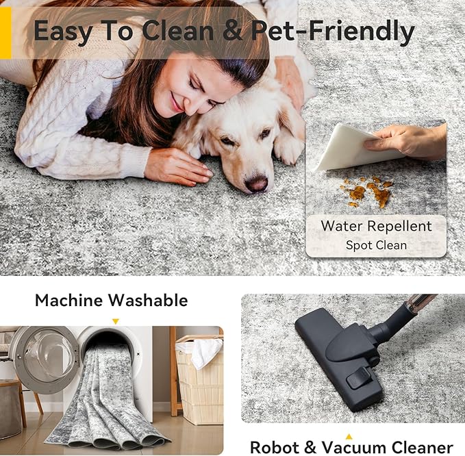 Washable Area Rugs 8'x10' Non-Slip Modern Abstract Soft for Living Room Entryway Bedroom Nursery, Print Pattern, Gray White Grey