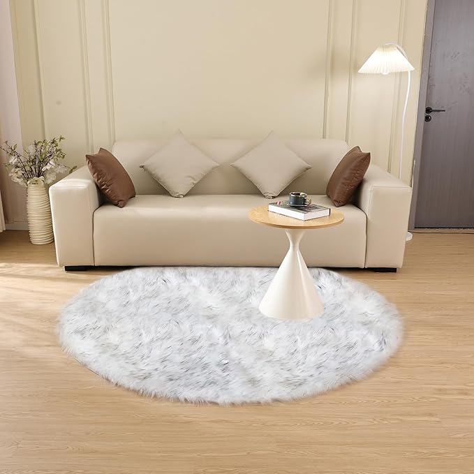 ORINOVA Grey and White Washable Shaggy Round Rug 5ft Circle Faux Sheepskin Furry Fur Rugs for Bedroom Nursery Rug