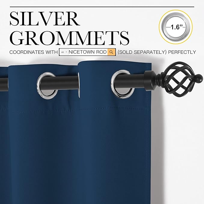 NICETOWN Bedroom Curtains Blackout Drapery Panels, 2 Panels, 42 x 54 Inch, Moroccan Blue, 3 Pass Microfiber Thermal Insulated Solid Ring Top Blackout Window Curtains/Drapes
