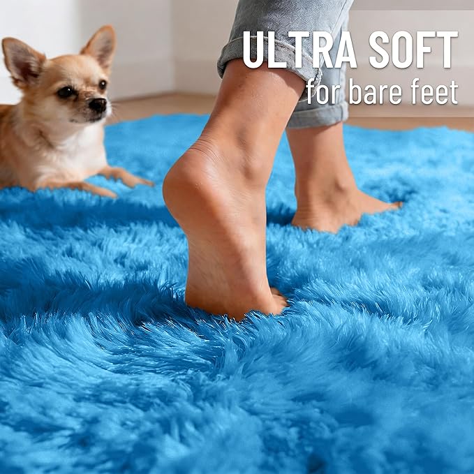 OLANLY 6x9 Machine Washable Large Area Rugs for Living Room, Bedroom, Soft Fluffy Shaggy Bedside Rug, Indoor Floor Carpet for Kids Girls and Boys, Dorms, Nursery, Home Decor Aesthetic, Bright Blue