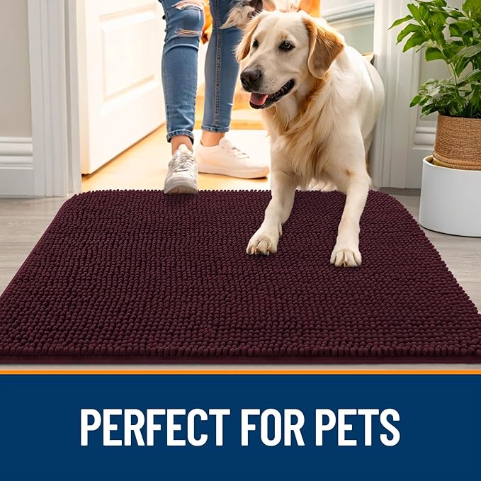 OLANLY Dog Door Mat for Muddy Paws 59x20, Absorbs Moisture and Dirt, Absorbent Non-Slip Washable Doormat, Quick Dry Chenille Mud Mat for Dogs, Entry Indoor Entryway Carpet for Inside Floor, Russet
