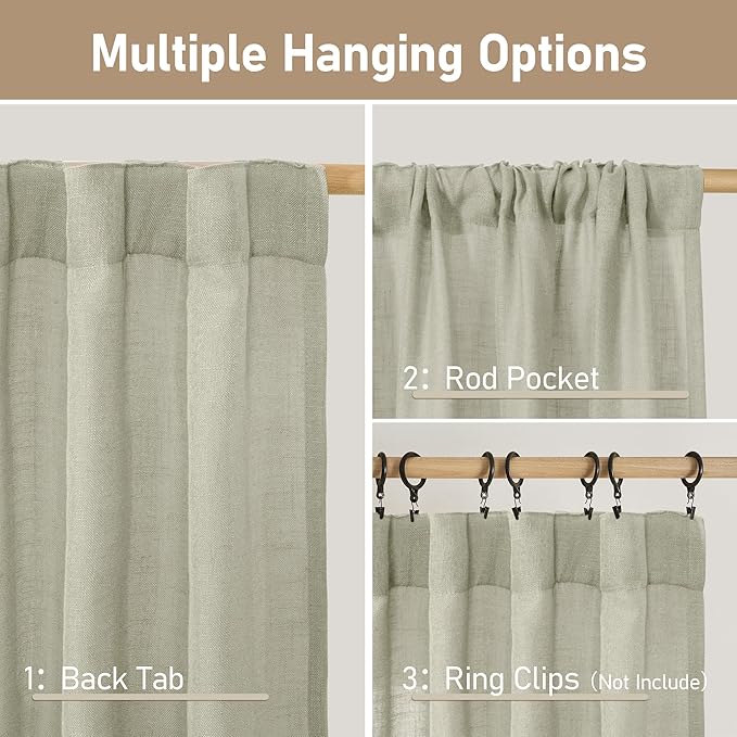 LAMIT Sage Grey Linen Curtains 54 Inch Length 2 Panels, Light Filtering Panels Back Tab and Rod Pocket Neutral Drapes for Kitchen/Window/Bedroom, 52 x 54 Inch