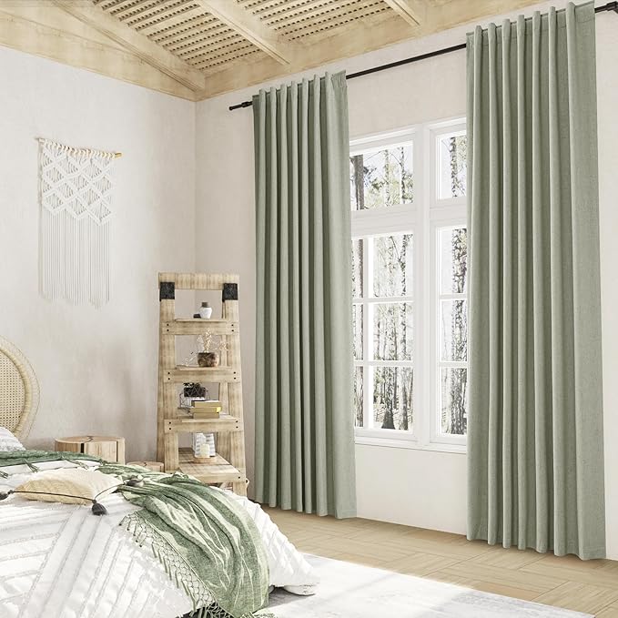 Sage Green 100% Blackout Linen Curtains 144 Inch Length 2 Panels Set for Living Room Bedroom Back Tab Thermal Insulated Black Out Drapes Room Darkening Farmhouse Style for Bedroom Window Curtains