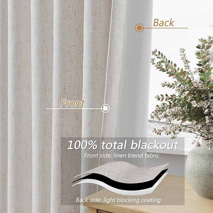 Guken Light Beige Linen 100% Blackout Curtains 96 Inches Long Floor to Ceiling Drapes for Bedroom, Rustic Farmhouse Room Darkening Winter Thermal Insulated Black Out Sliding Door Curtain, 52x96